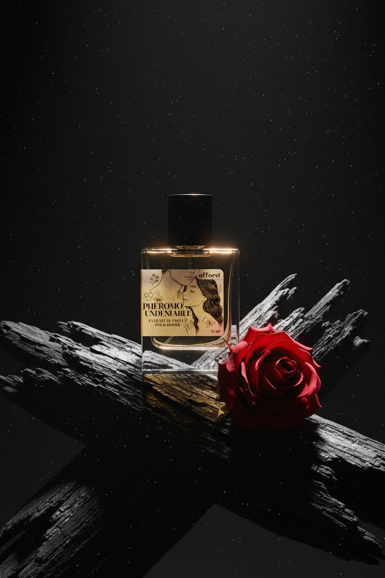 Undeniable-Flakon mit roter Rose auf dunklem Holz