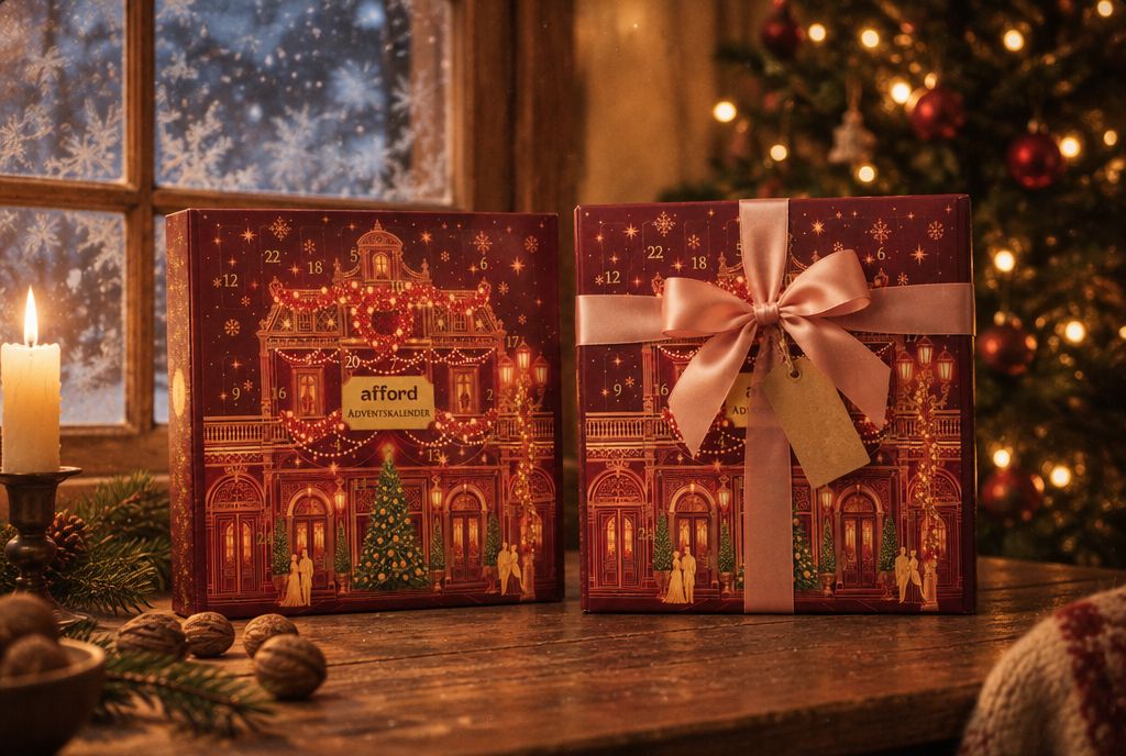 Zwei Parfüm Adventskalender, einer mit rosa Satinschleife als Weihnachtsgeschenk für sie verpackt